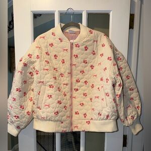 Cream/pink roses bows oversized lightweight bomber zip up jacket NEW medium🌷🎀